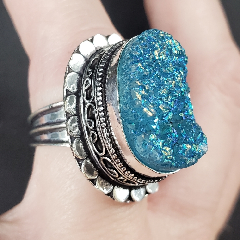 New Blue Titanium Crystal Druzy 925 Silver Statement Ring.